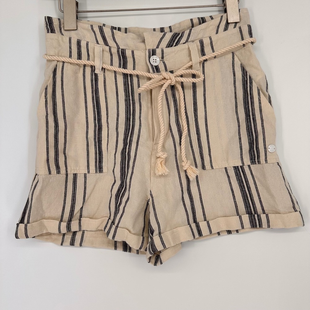 Roxy Womens Linen Blend Striped Shorts Cream Navy Blue Rope Belt XS